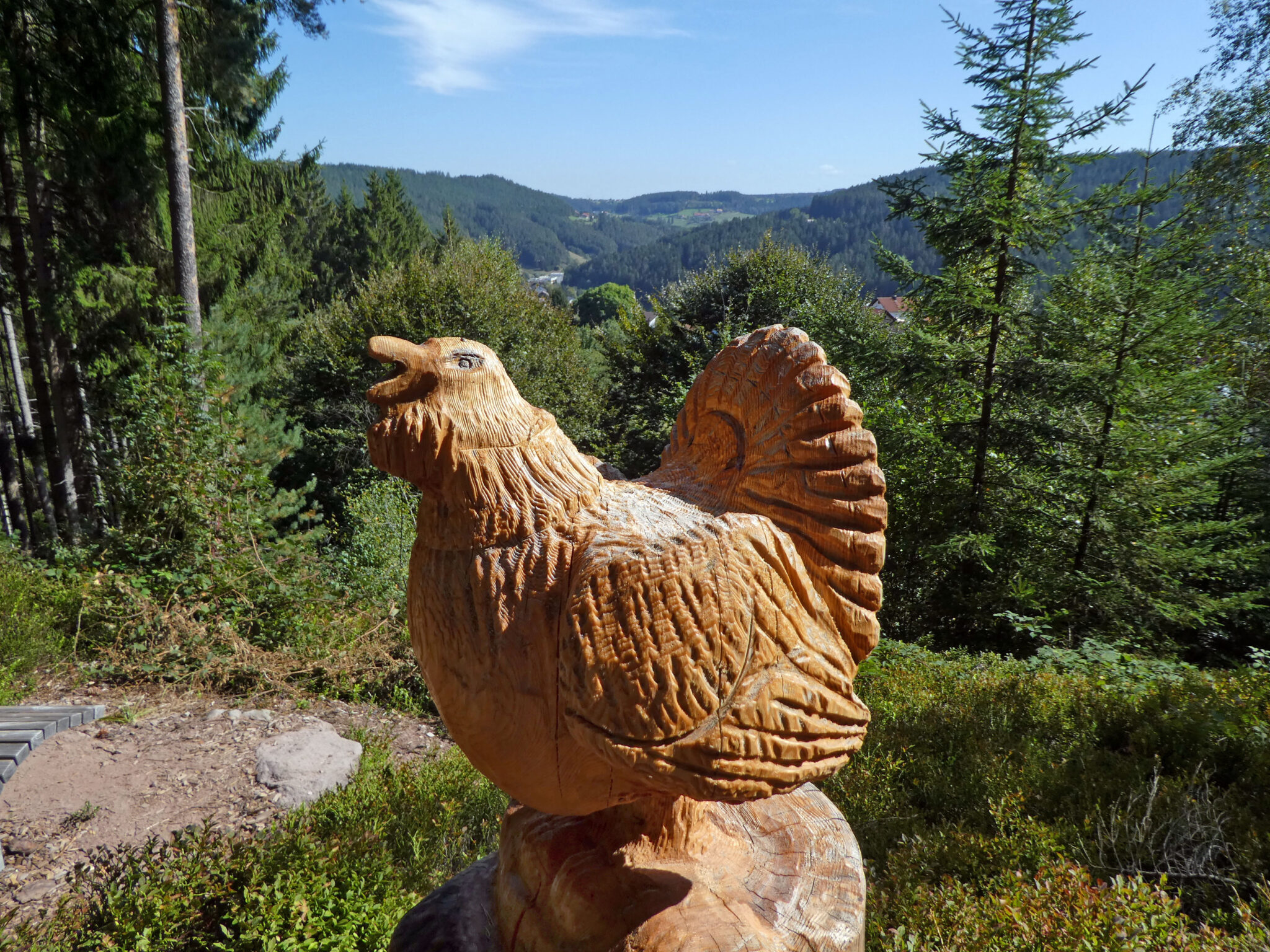 Geschnitzter Auerhahn am Rastplatz „Auerhahn Schlafplatz“ Geschnitzter Auerhahn am Rastplatz
